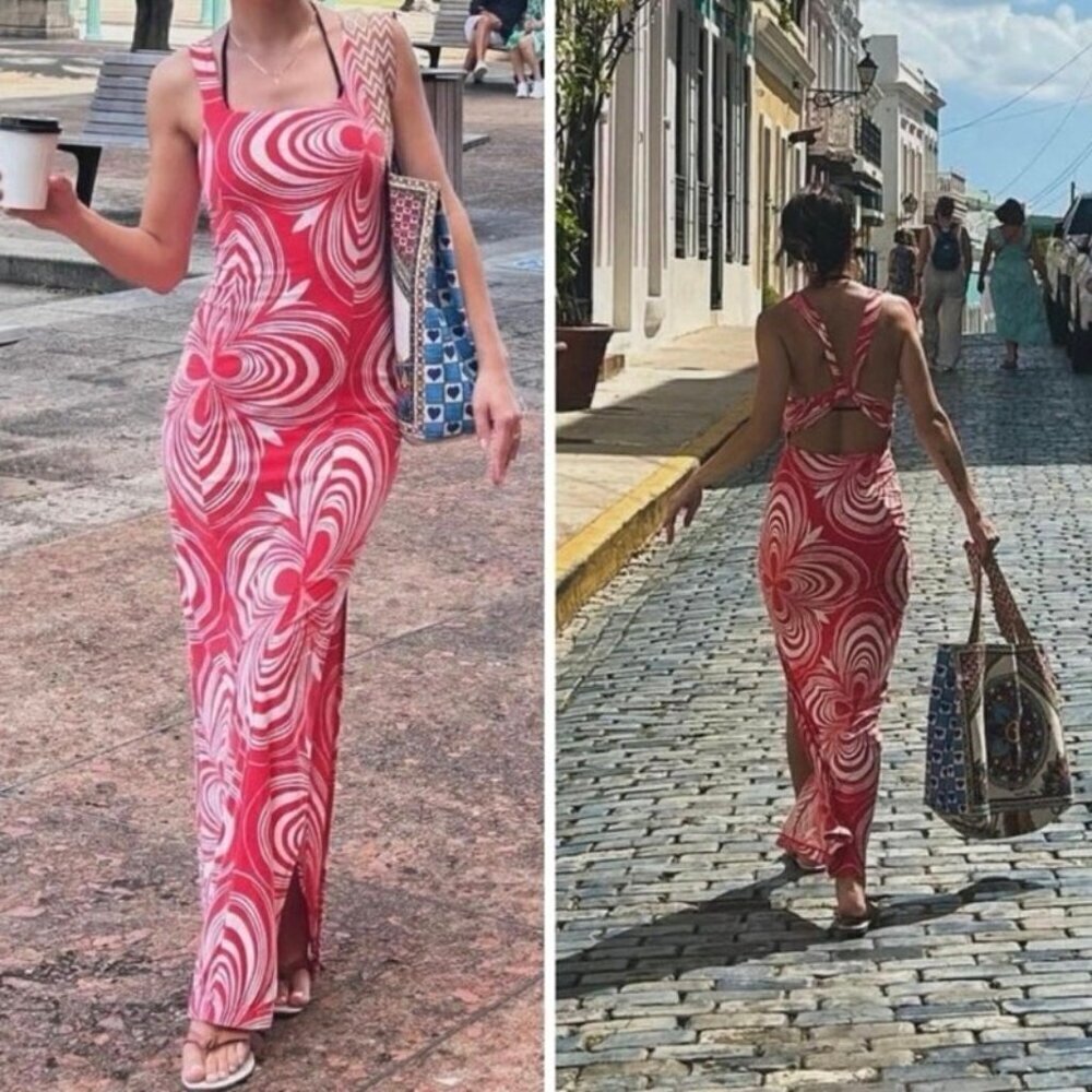 Free People Red Swirl Print Maxi Dress Open Back Cross Strap Bodycon Size S